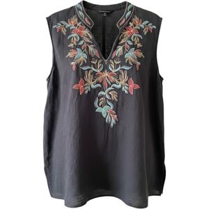 Silk Land Woman Black 100% Silk Embroidered Sleeveless V-Neck Top Plus Size 2X